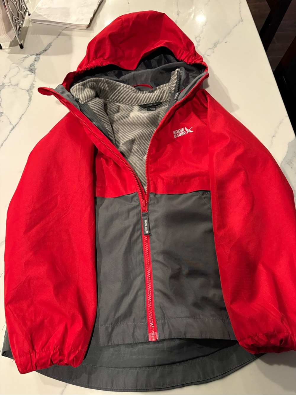 Eddie Bauer Red and Gray Kids Hooded Rain Jacket